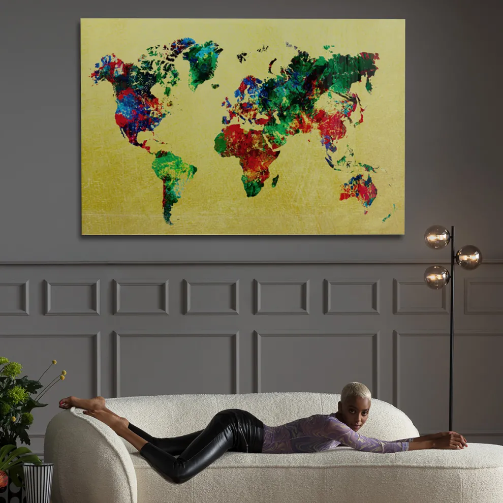 Glas Schilderij Metallic Colourful Map 150x100cm