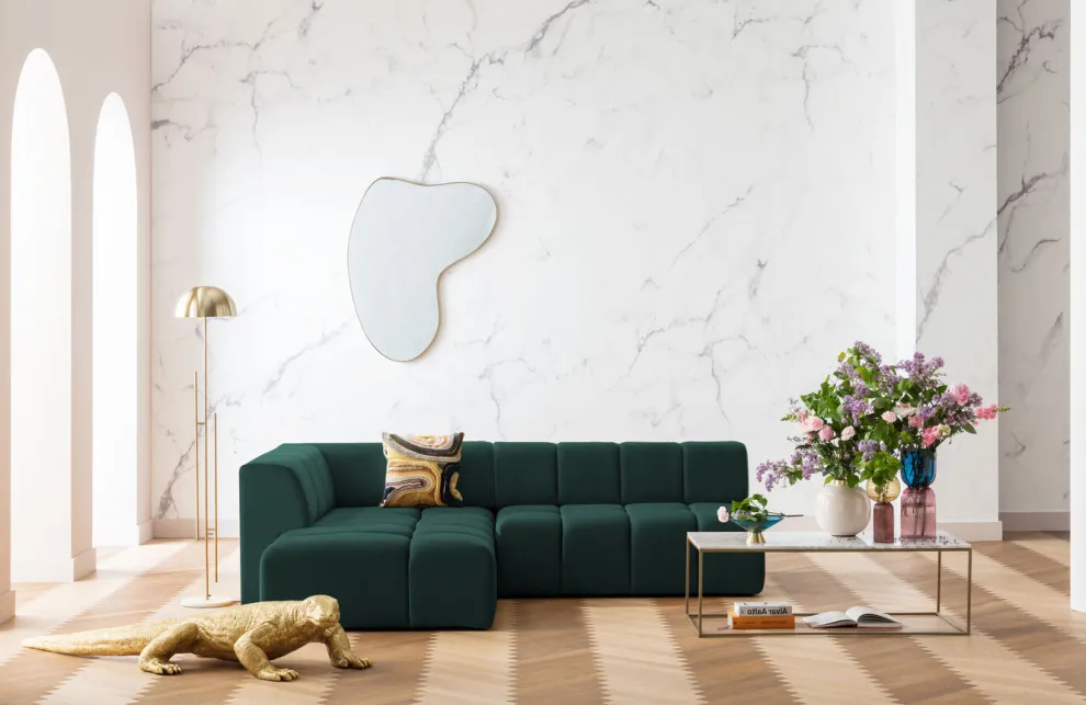 Hoekbank Belami Fluweel Donkergroen Links 265cm