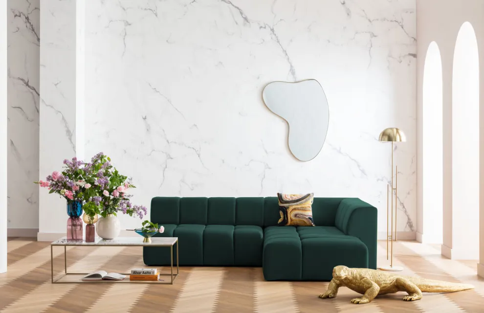 Hoekbank Belami Fluweel Donkergroen Rechts 265cm