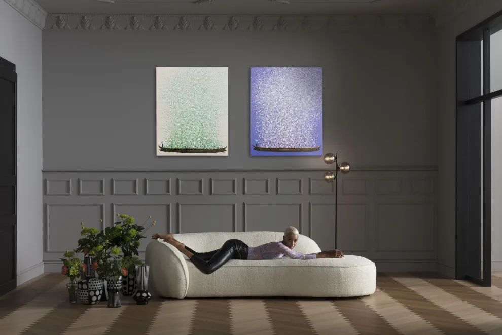 Schilderij Flower Boat Beige Green 80x100cm