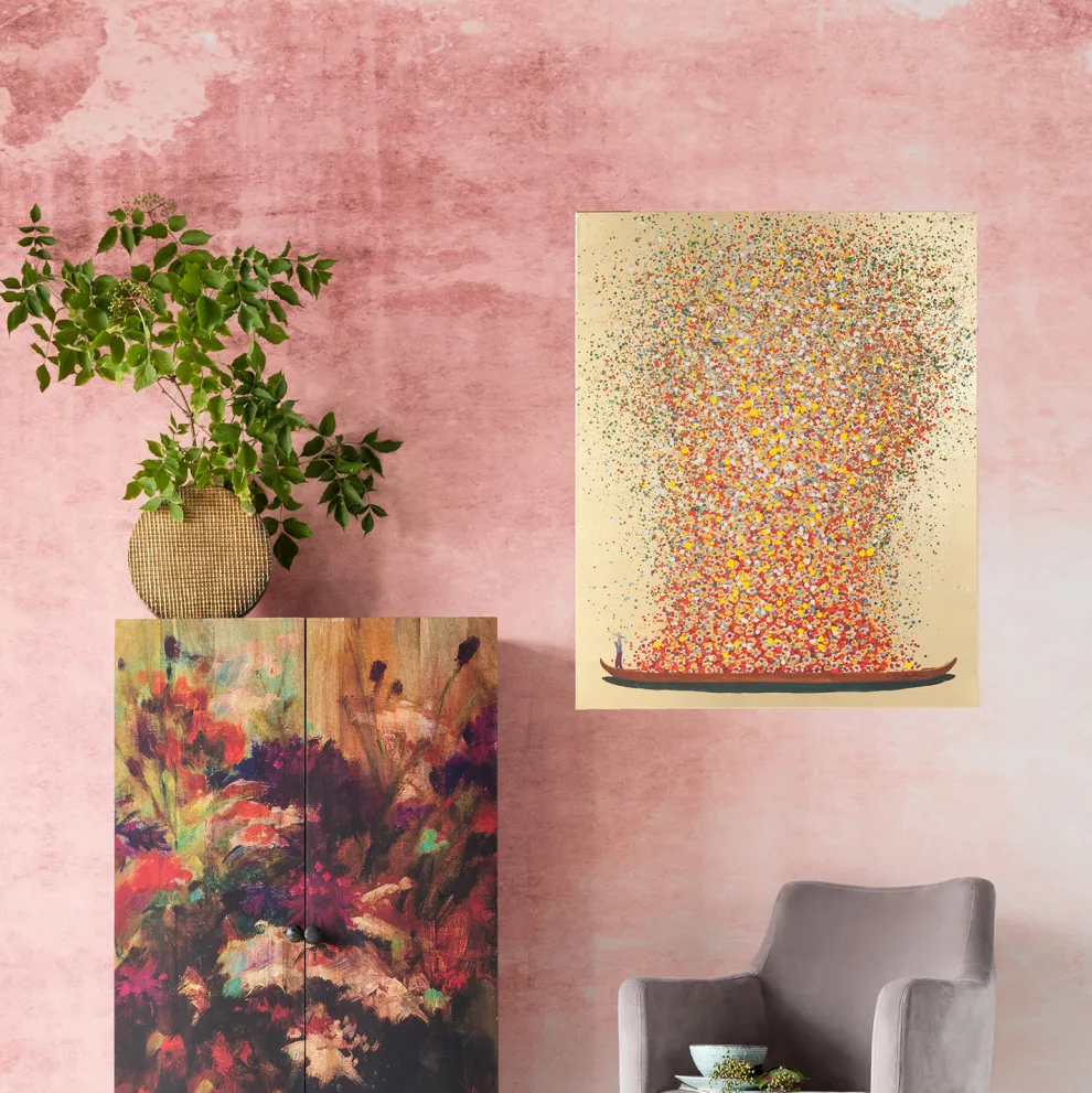 Schilderij Touched Flower Boat Goud-rood 100x80cm