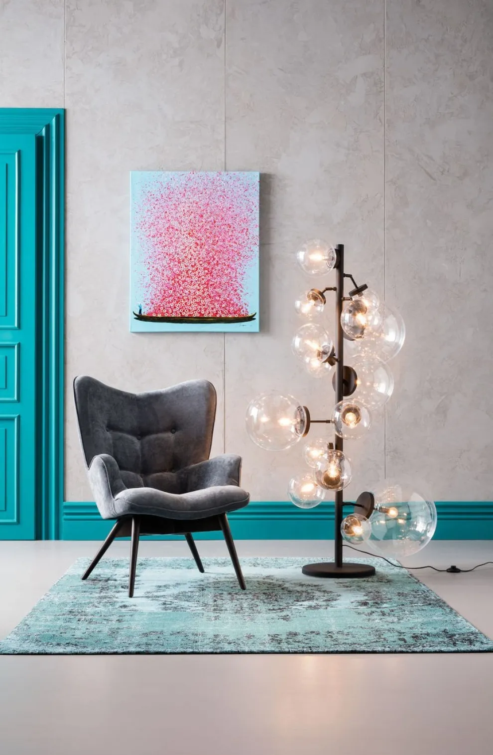 Schilderij Touched Flower Boat Blauw-Roze 100x80cm