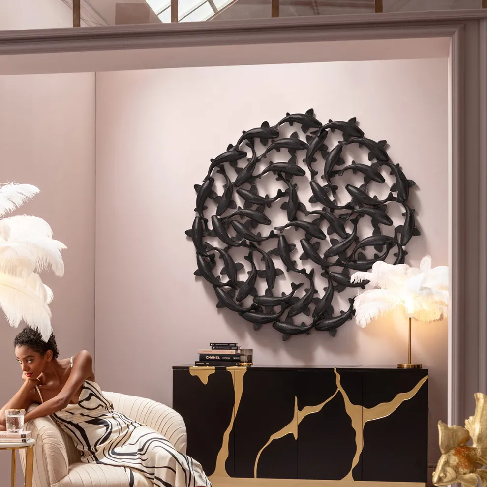 Wanddecoratie School Of Koi Black Ø160cm